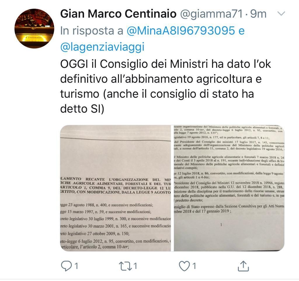 Carte in regola per Centinaio: “Sì al turismo al Mipaaft”