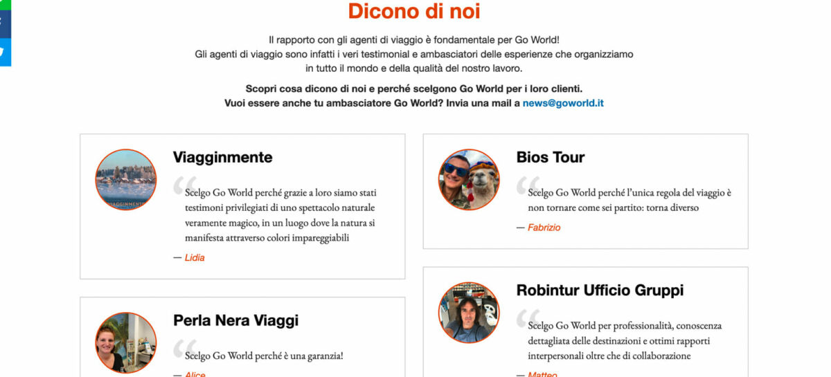 Go World omaggia le agenzie sulla homepage del sito web