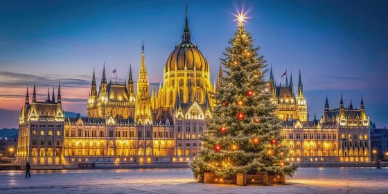 Beautifully decorated Christmas tree in Budapest giver adobe