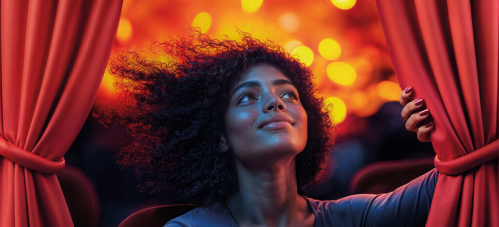 A young woman watches a film in a lively theater, captivated by the visuals and sounds around her. The ambient glow creates a warm atmosphere as she smiles gently_uff.st. Italo