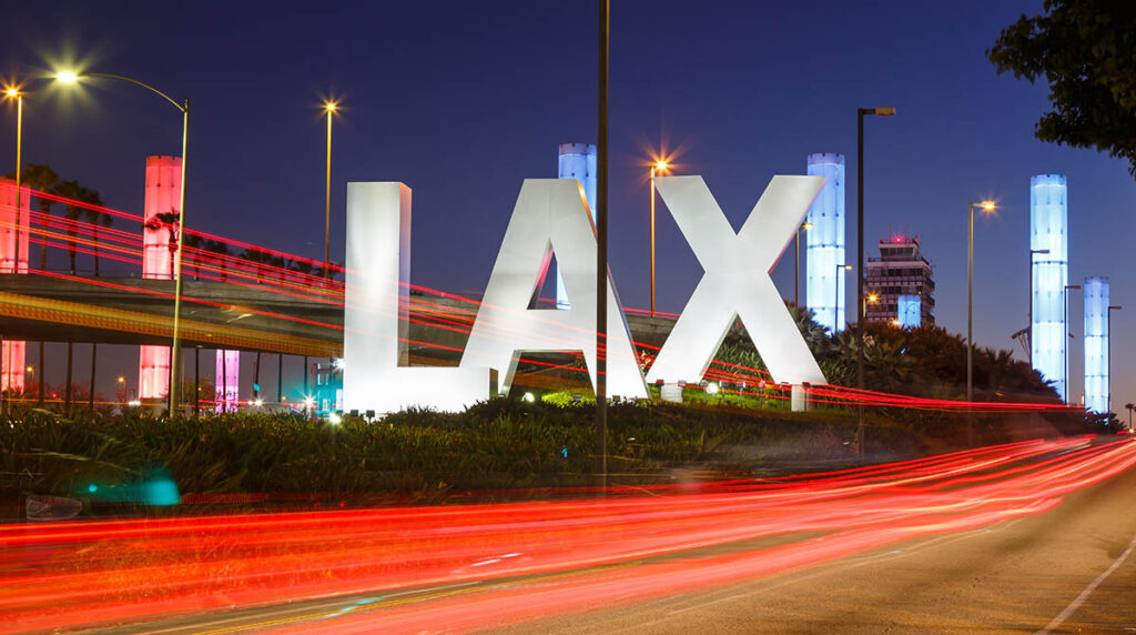 Los Angeles, California – April 12, 2019: Logo sign of Los Angeles International airport (LAX) in California_Adobe