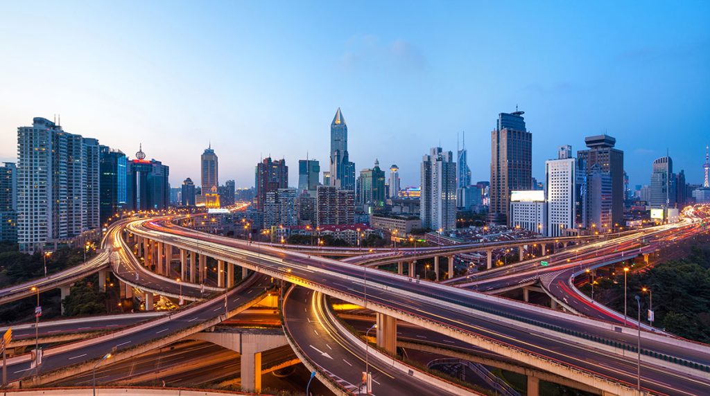 shanghai interchange overpass and elevated road in nightfall_adobe
