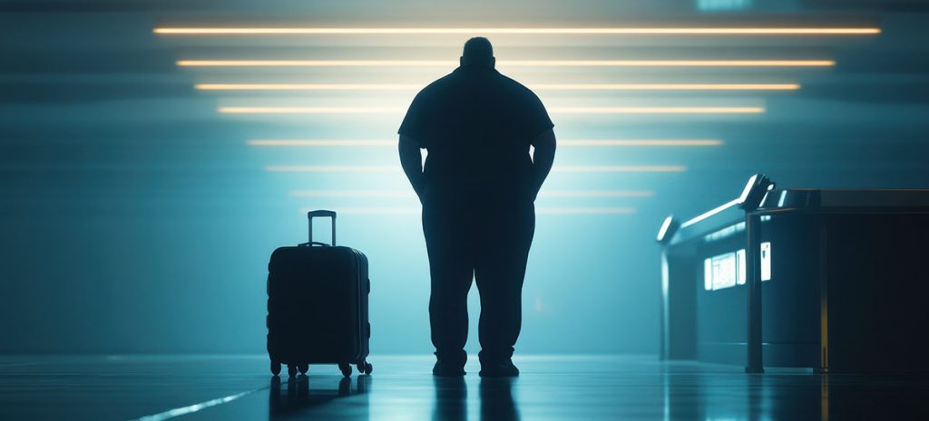 Overweight fat traveler standing on industrial airport scale beside a suitcase near the check-in counter, body diversity and social commentary_adobe