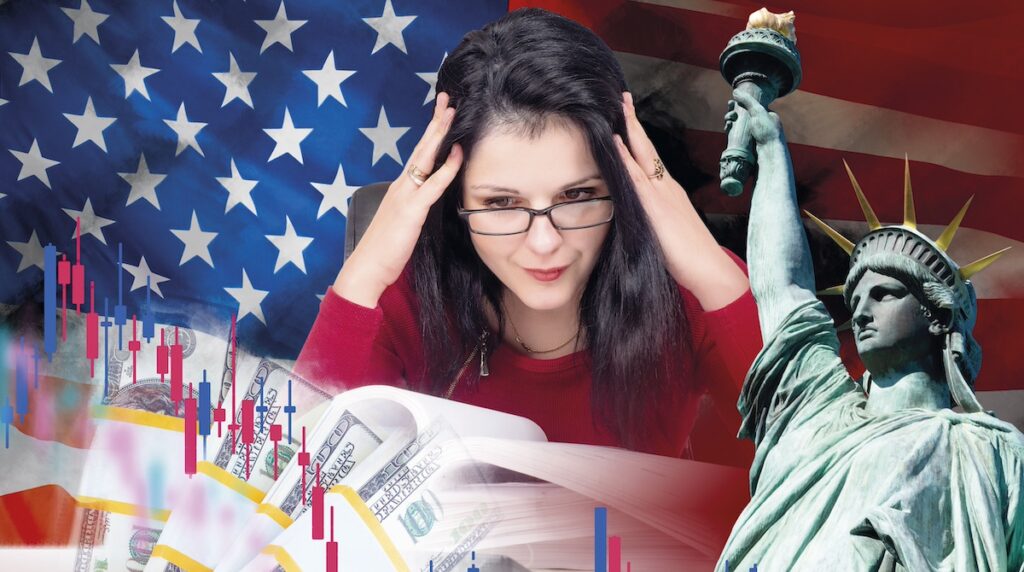 Financial crisis in the USA. America flag next to an accountant. Statue of Liberty as a symbol of the US travel industry. Graph shows stock quotes. Girl holds on to her head during search for losses_adobe